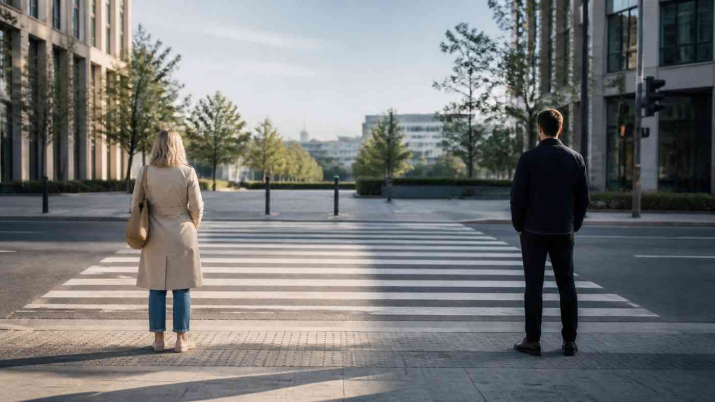 Kobieta i mężczyzna przy przejściu dla pieszych symbolizują poglądy kobiet i mężczyzn