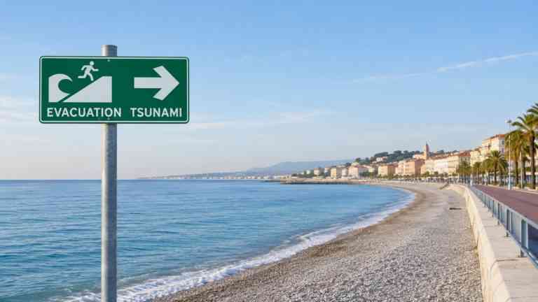 Znak ewakuacji w związku z realnym ryzykiem tsunami na Morzu Śródziemnym stojący przy plaży na Lazurowym Wybrzeżu.