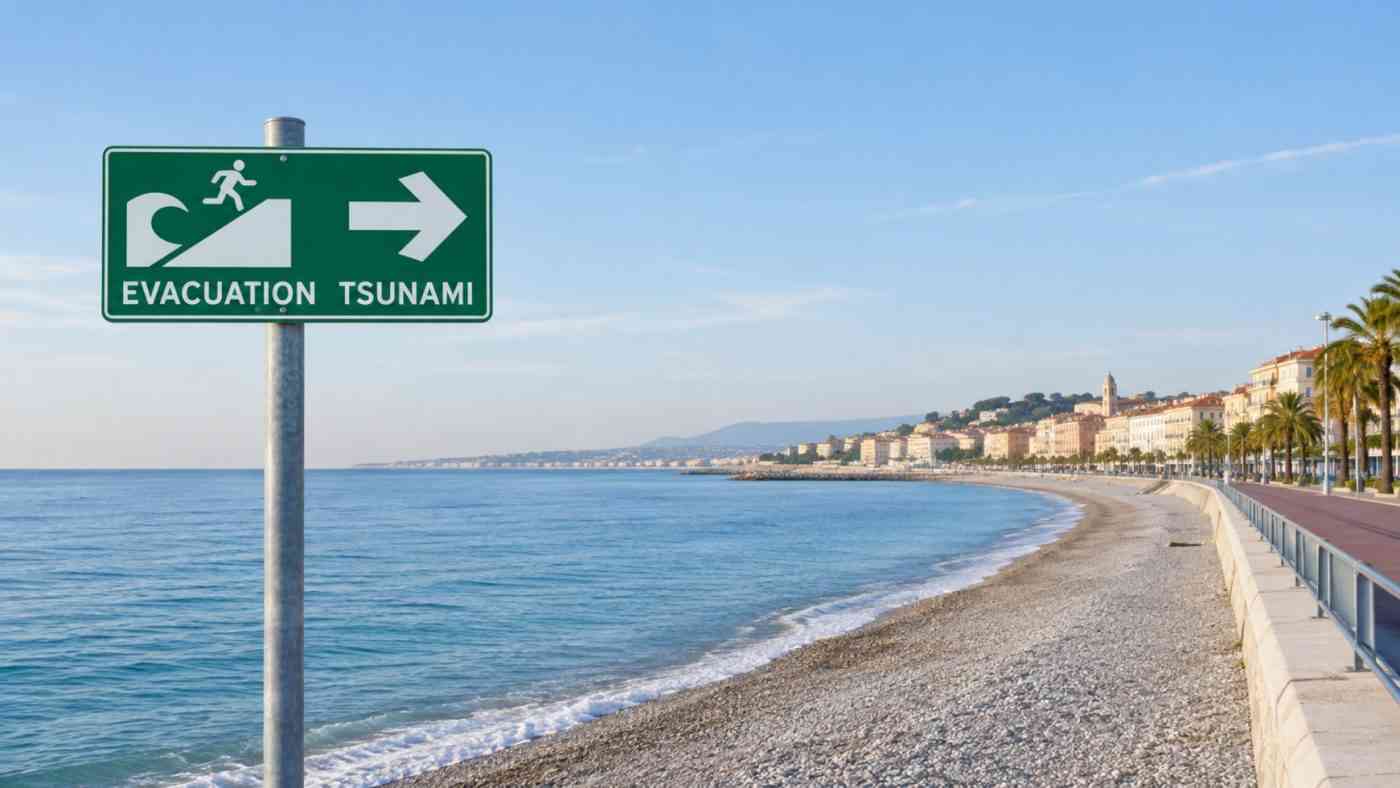 Znak ewakuacji w związku z realnym ryzykiem tsunami na Morzu Śródziemnym stojący przy plaży na Lazurowym Wybrzeżu.