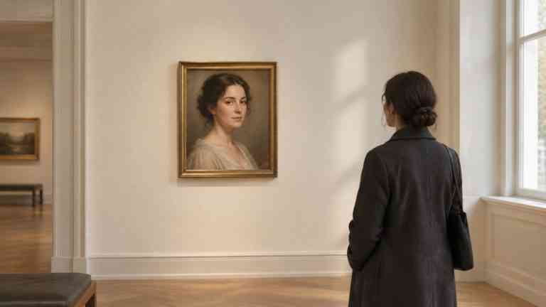 Kobieta ogląda portret w galerii, podziwiając piękno w sztuce