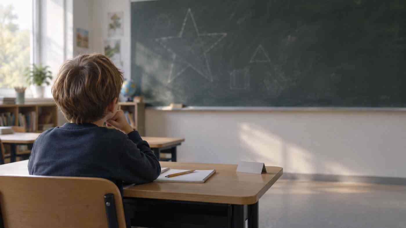 Uczeń w szkolnej klasie patrzy na tablicę z rysunkiem gwiazdy podczas testu IQ dziecka.