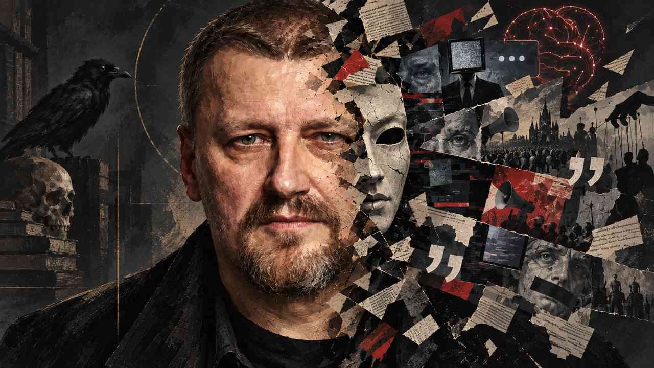 Symboliczny portret Jacka Piekary, którego twarz częściowo rozpada się na fragmenty gazet, masek, ekranów i propagandowych obrazów. Ilustracja pokazuje chaos informacyjny, kłamstwo i wpływ sztucznej inteligencji na obraz rzeczywistości.