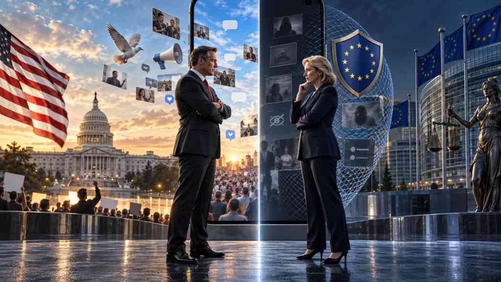 Hiperrealistyczna ilustracja prasowa pokazująca spór USA i Europy o wolność słowa online: pośrodku ogromny ekran smartfona podzielony na część amerykańską i europejską, przed nim stoją naprzeciw siebie amerykański dyplomata i europejska regulatorka.