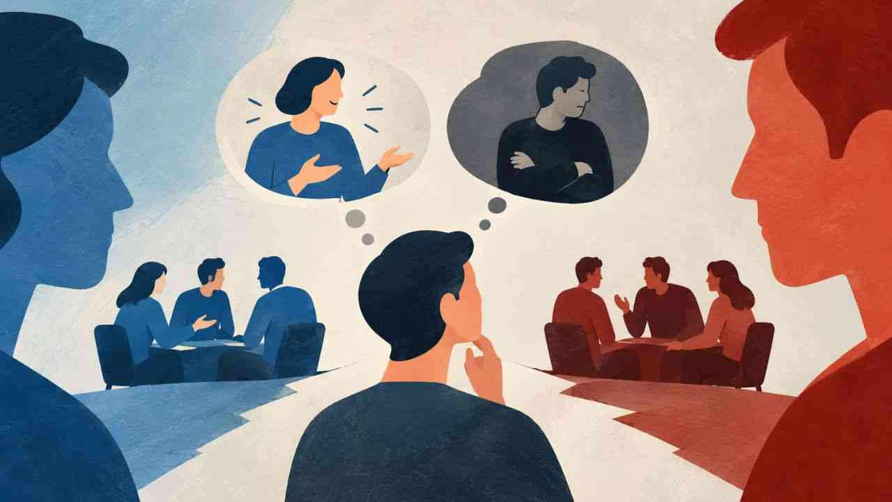 grafika przedstawiająca dwa obozy które rozmawiają o polityce