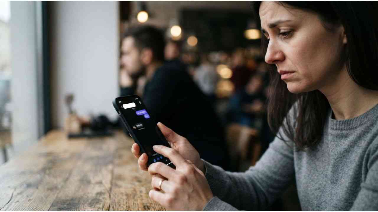 kobieta patrzy na telefon i komunikator smutna mina