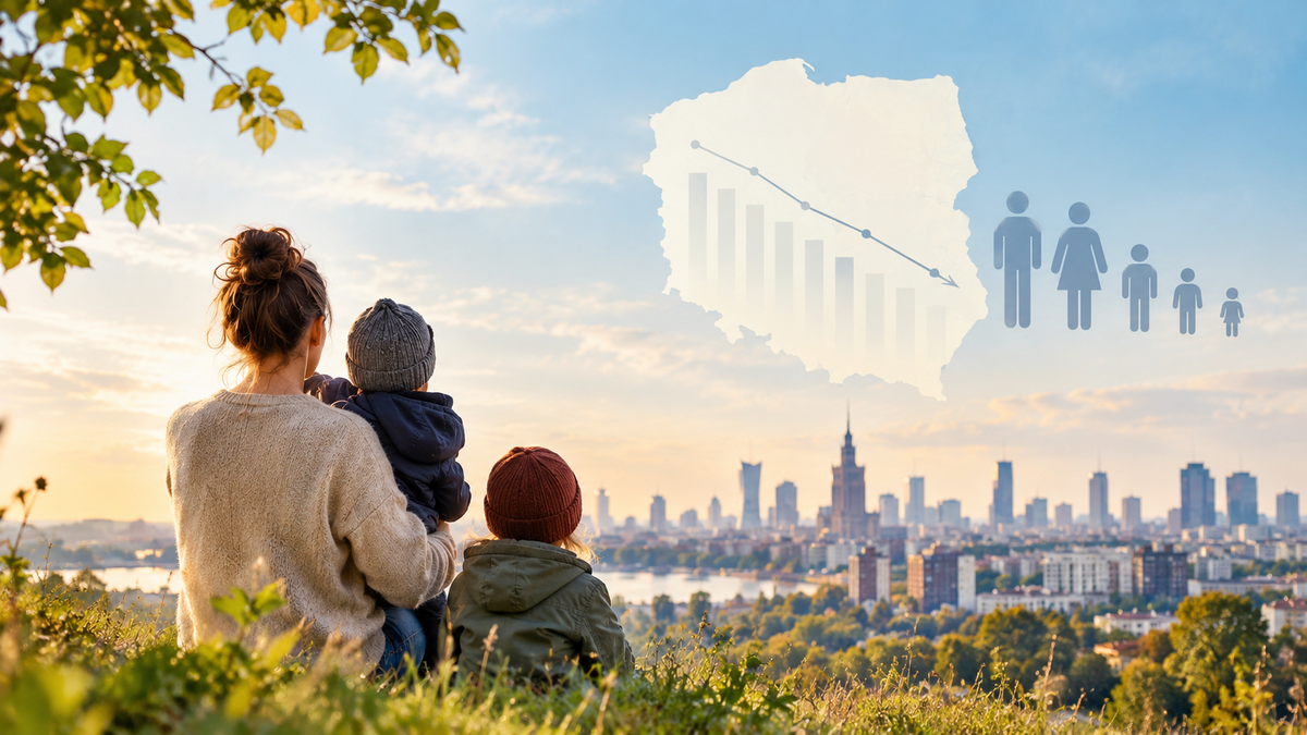 Kobieta z dziećmi na tle panoramy miasta i wykresu symbolizującego zmiany demografii w Polsce