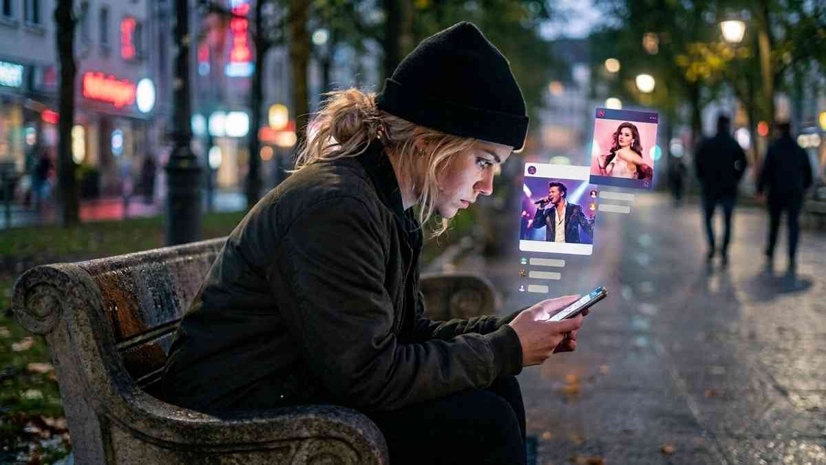 kobieta na ławce śledzi treści an smartfonie, sugerując obsesyjne uwielbieie celebrytów