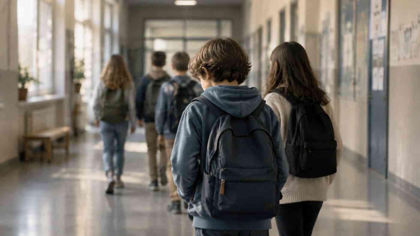 Uczniowie z plecakami na szkolnym korytarzu w czasach, gdy odnotowuje się coraz więcej diagnoz ADHD.