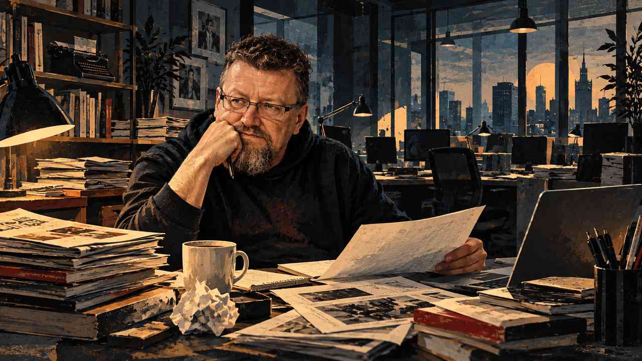 Jacek Piekara w pustej redakcji nad ostatnimi tekstami. Symboliczne pożegnanie z pracą w mediach.