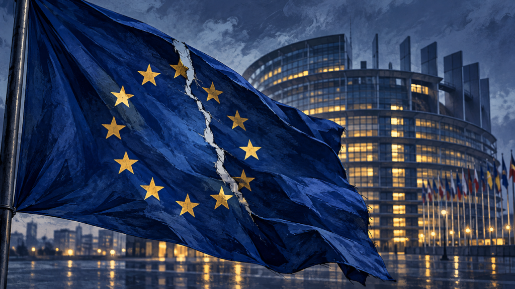 Rozdarta flaga Unii Europejskiej przed Parlamentem Europejskim, symbol politycznych zmian i wyborów w Europie