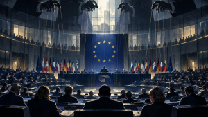 Symboliczna ilustracja Parlamentu Europejskiego z nićmi marionetki nad salą obrad, nawiązująca do władzy w UE i wyborów w Europie