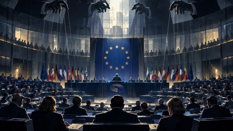 Symboliczna ilustracja Parlamentu Europejskiego z nićmi marionetki nad salą obrad, nawiązująca do władzy w UE i wyborów w Europie
