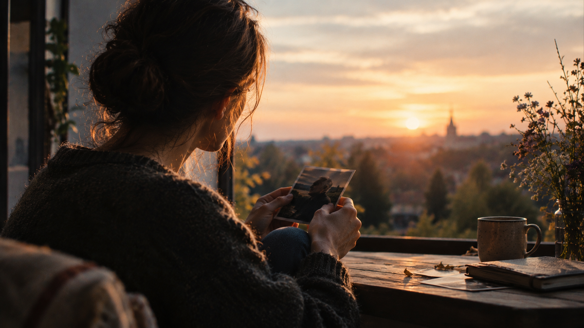 Kobieta przeżywająca żałobę po bliskich ogląda fotografię na tle zachodu Słońca
