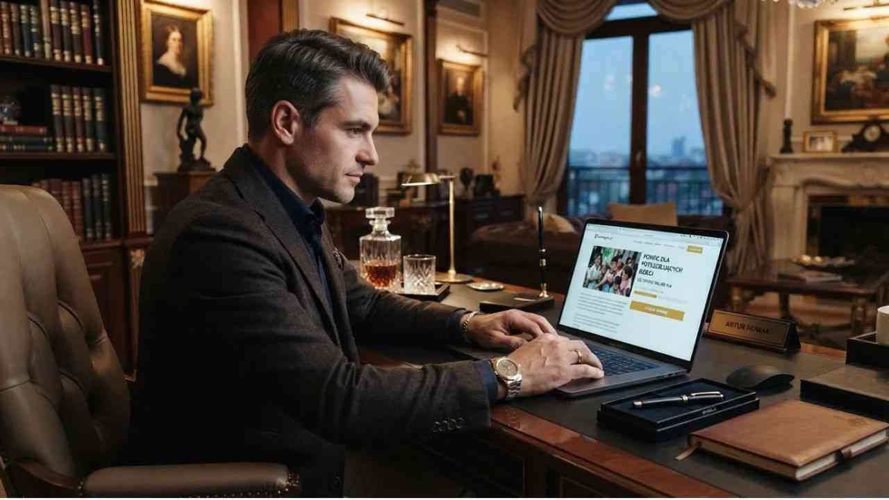 bogaty mężczyzna siedzi przed laptopem, co pokazuje zbieranie pieniędzy w internecie
